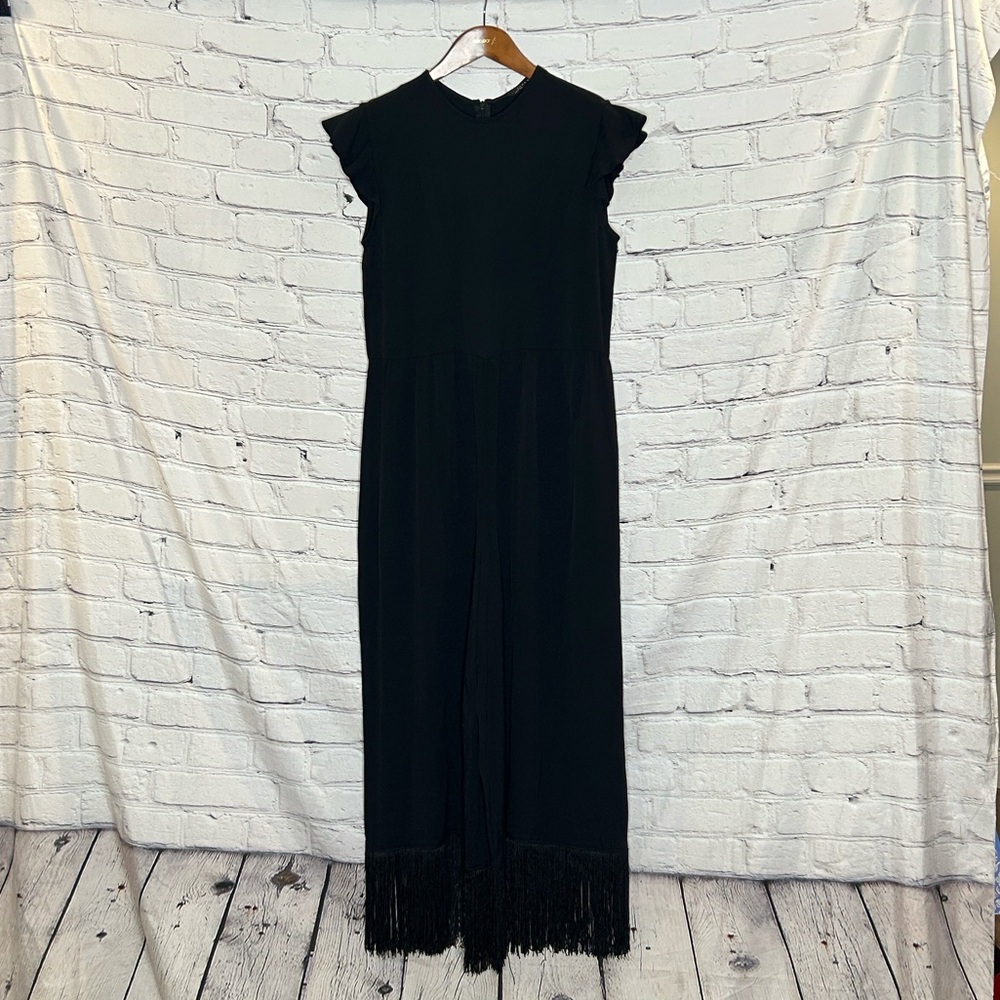 Zara Black Fringe-Hem Jumpsuit Size Small Excellent Condition
